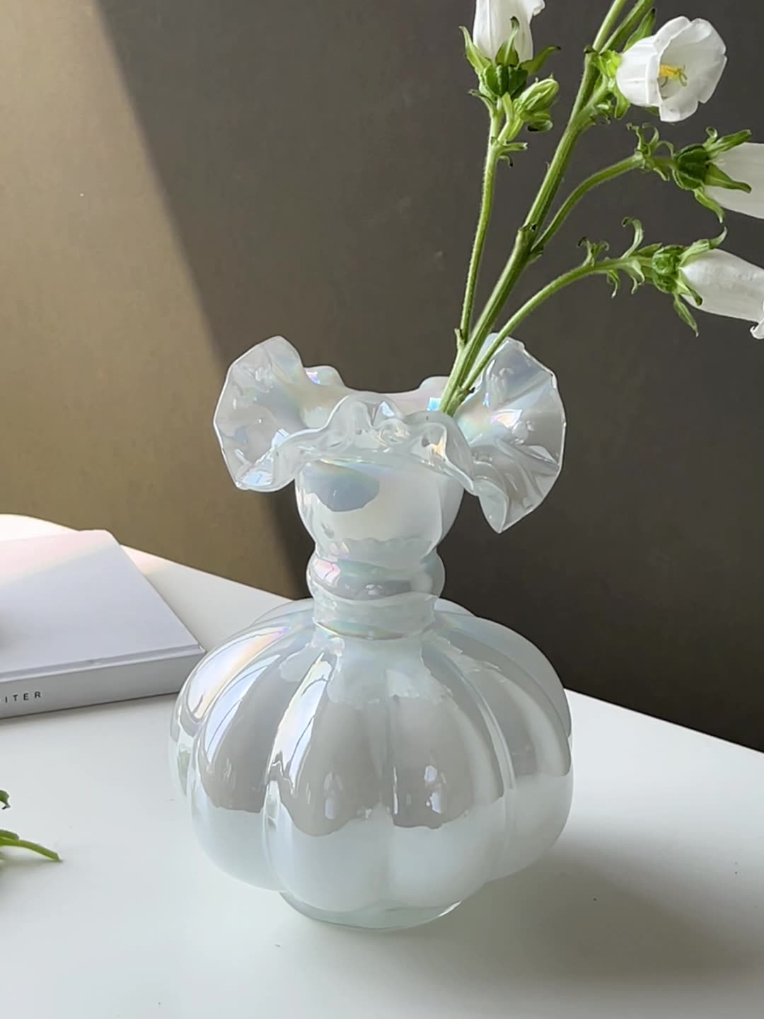 Iridescent White Glass Ruffle Vase Berriscent