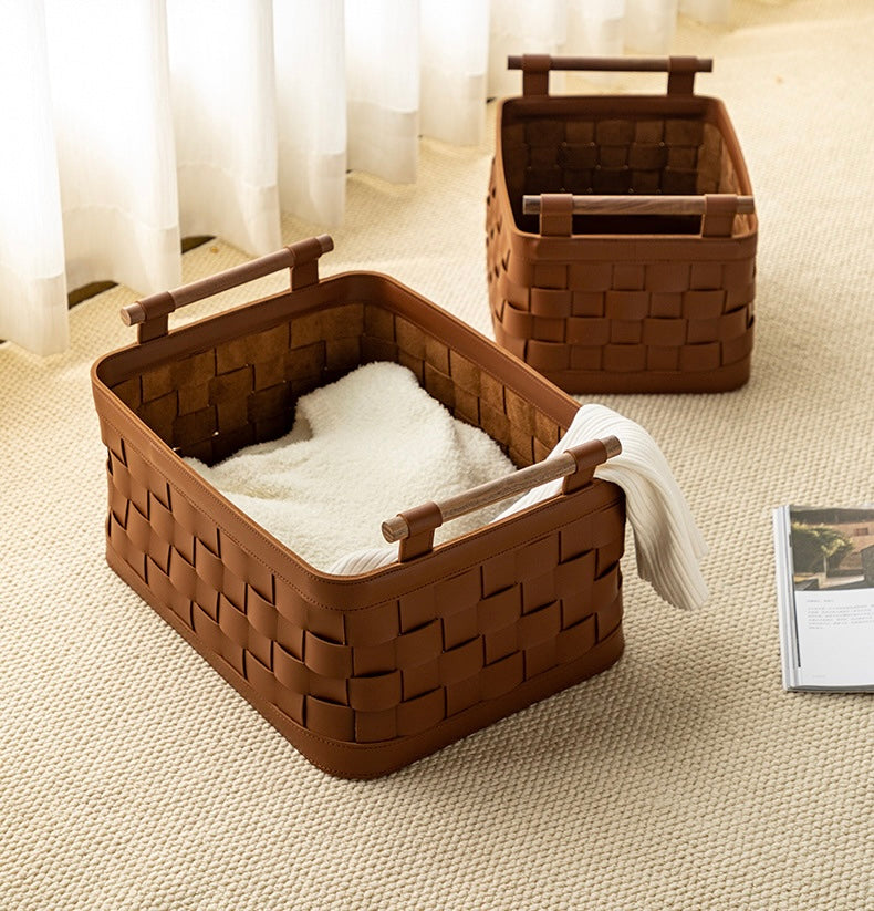 Handwoven Genuine Leather Storage Basket with Wooden Handles Berriscent