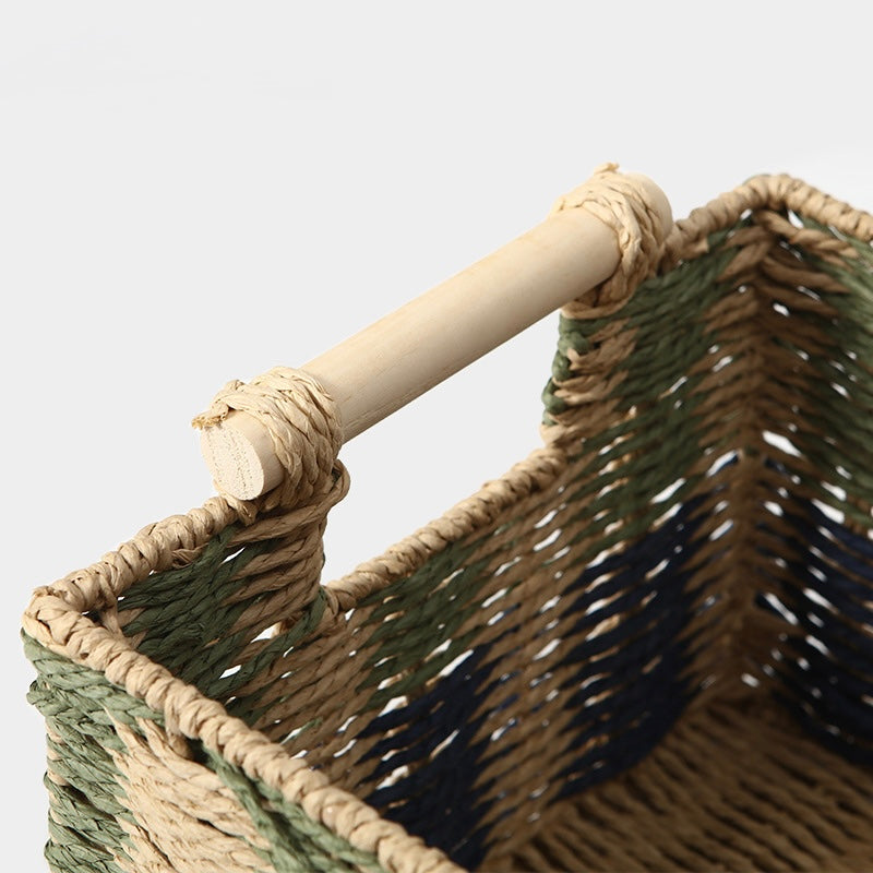 Handwoven Paper Rope Storage Basket with Wooden Handles Berriscent