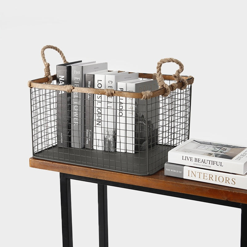 Industrial Wire Storage Basket with Wooden Frame Berriscent