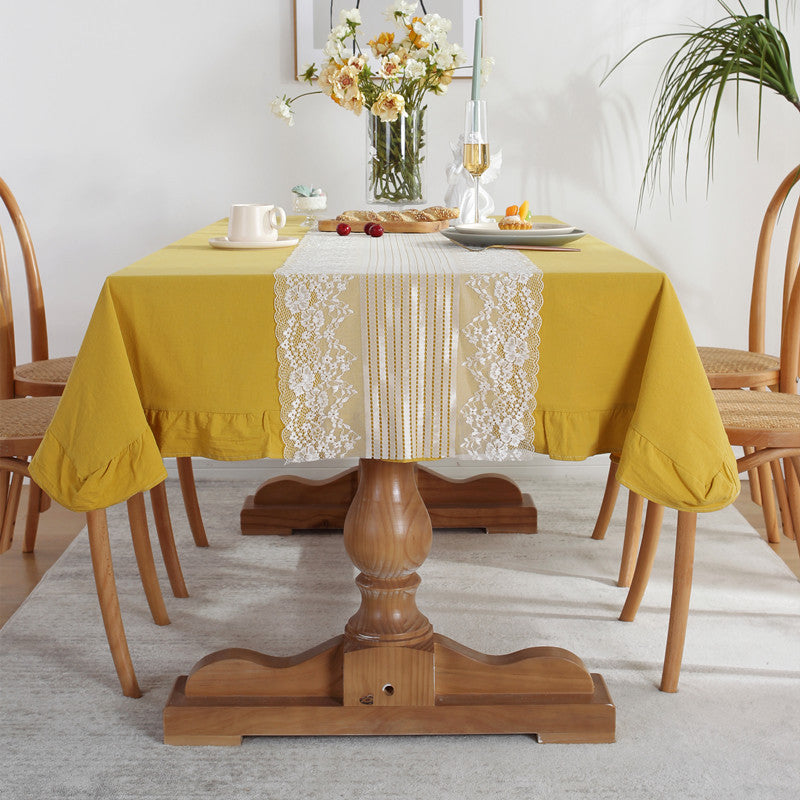 Golden Mustard Tablecloth and White Lace Runner Set Berriscent