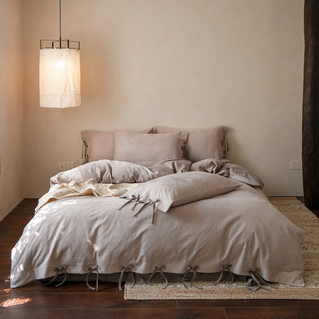 Blush Fleur Jacquard Cotton Bedding Set – Stone Taupe Berriscent