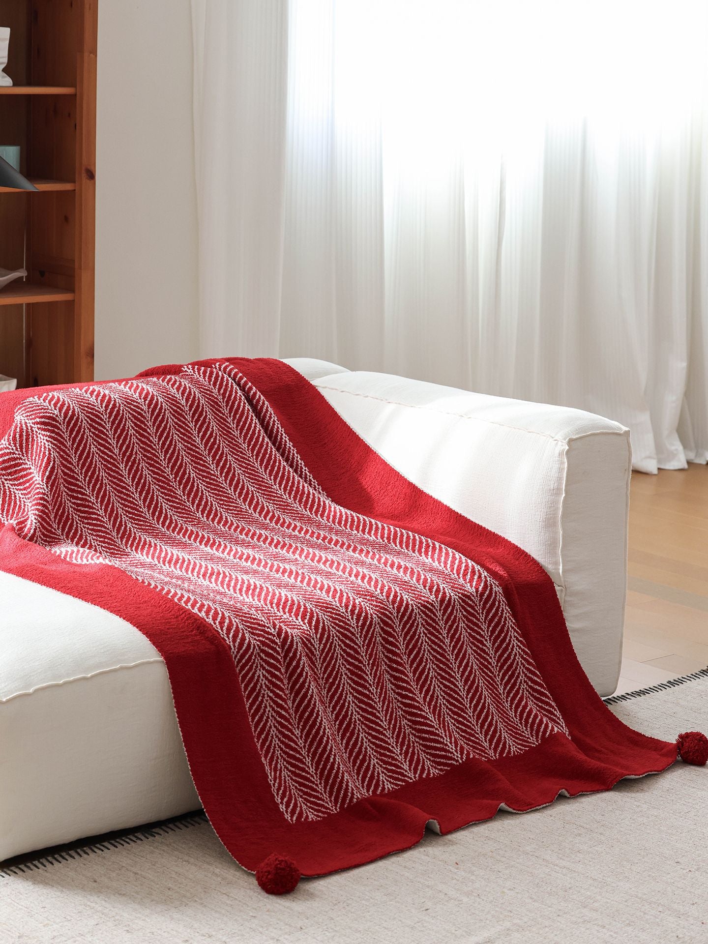 Red Woven Pom-Pom Throw Blanket Berriscent