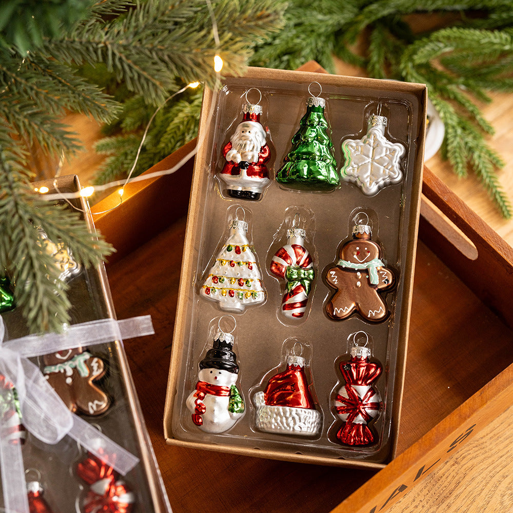 Glass Miniature Christmas Ornaments — Hand-Painted Set of 9