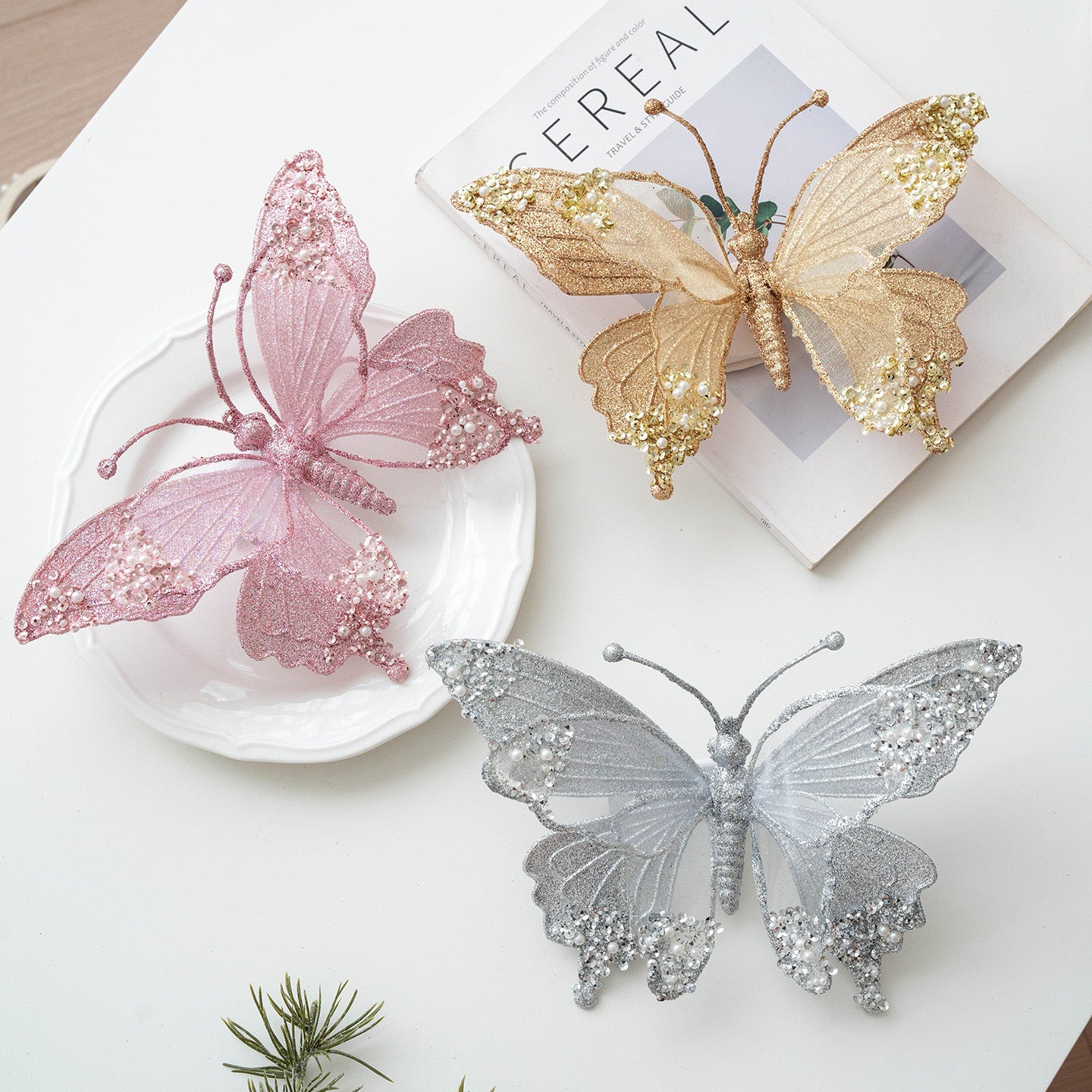 Elegant Pearl Butterfly Ornament – Glitter Decor Clip Berriscent