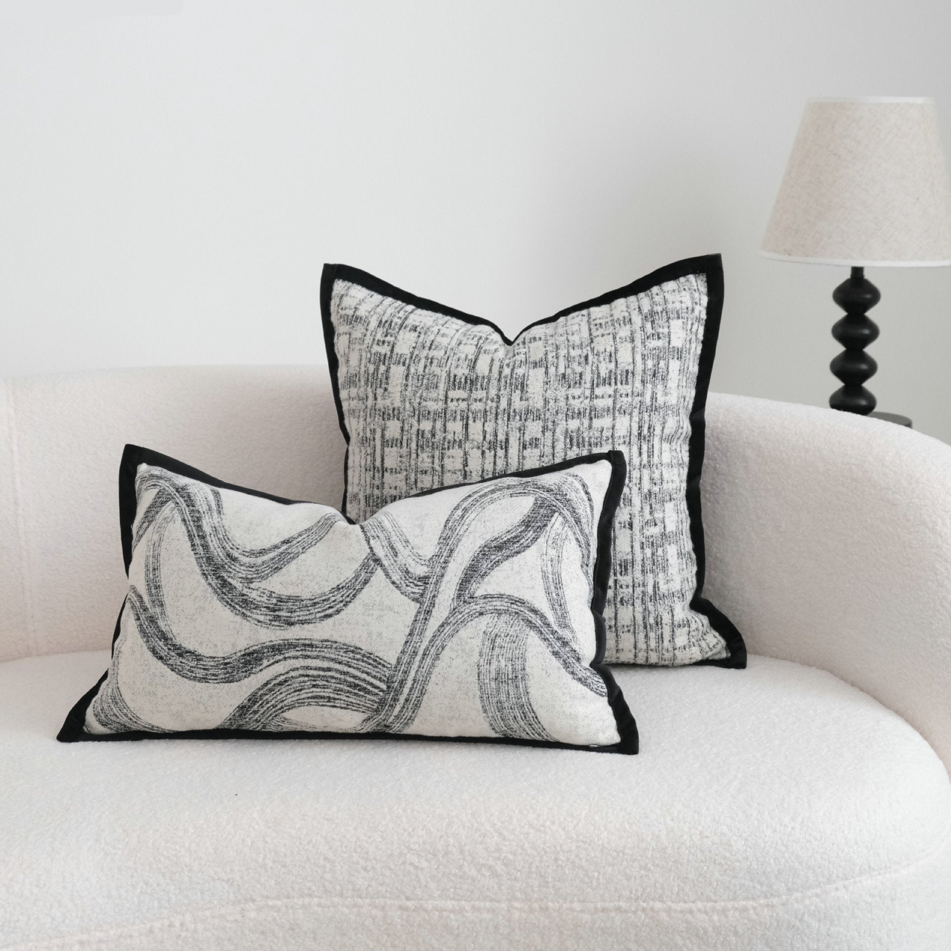 Abstract Woven Cushion Cover Collection – Textured Black & Ivory Berriscent
