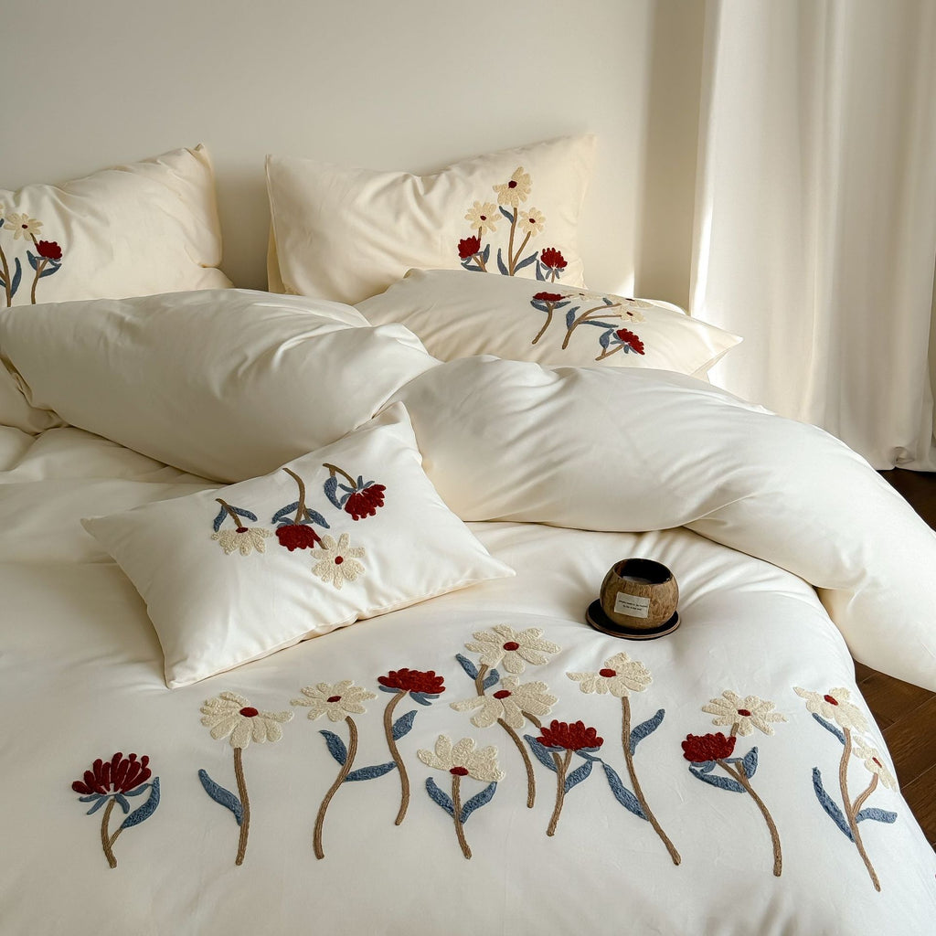The Parchment Camellia | Hand-Embroidered 100s Brushed Bed Linen