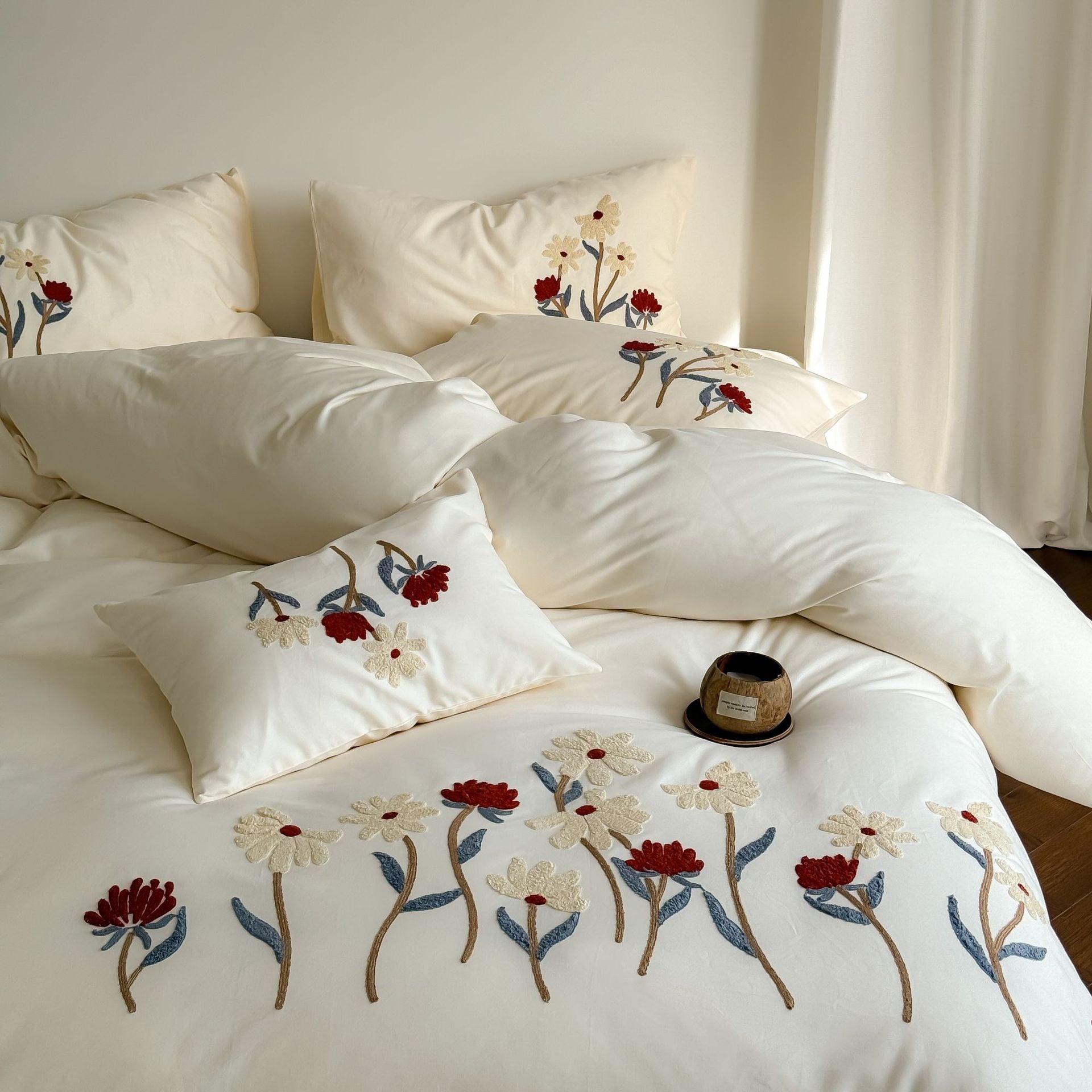 The Parchment Camellia | Hand-Embroidered 100s Brushed Bed Linen