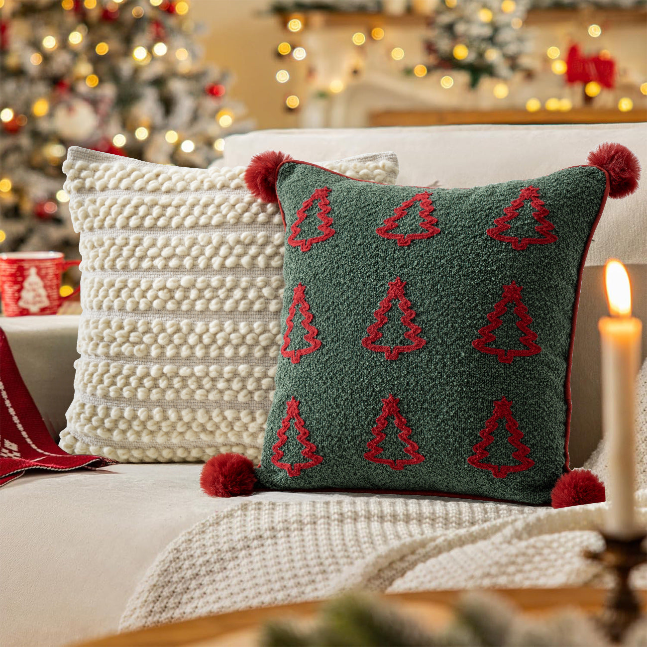 Christmas Green Textured Pillow Collection – Embroidered Covers & Tree Cushion Berriscent