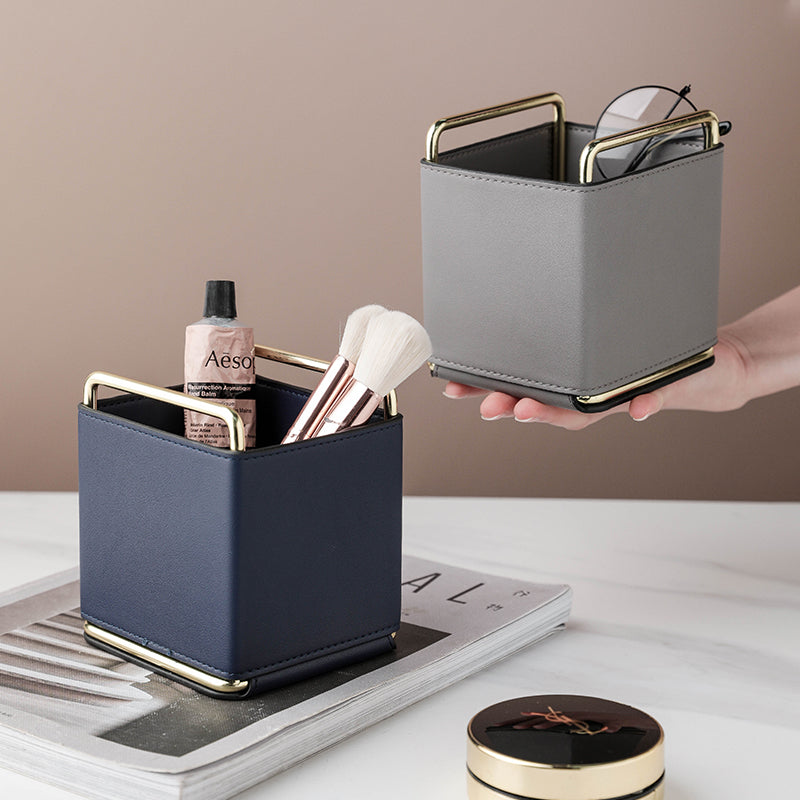 Luxury Leather Desk Organiser with Brass Frame | Modern Home Storage