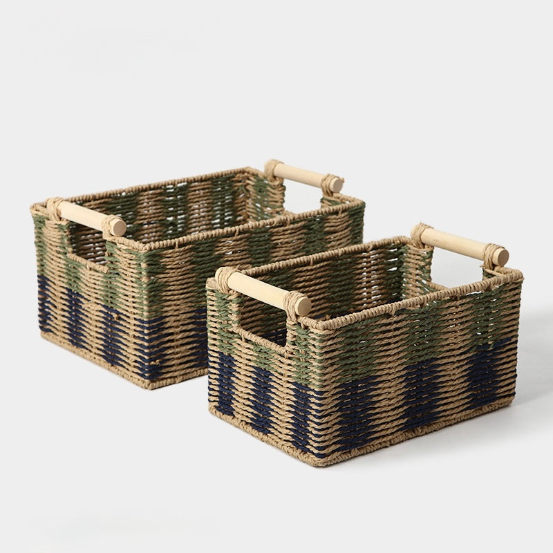 Handwoven Paper Rope Storage Basket with Wooden Handles Berriscent
