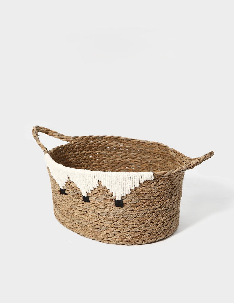 Handwoven Natural Storage Basket with Decorative Trim Berriscent