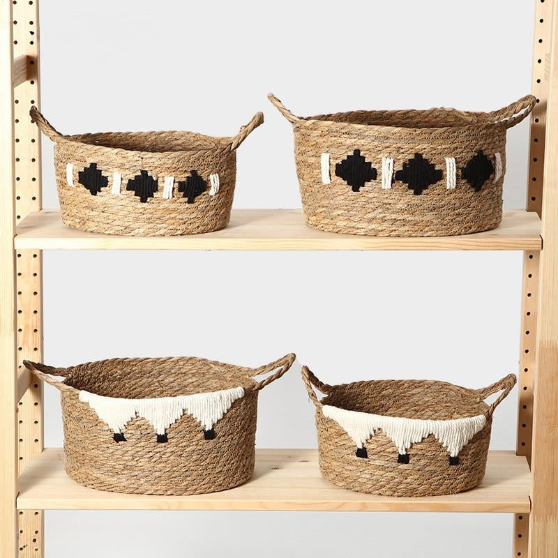 Handwoven Natural Storage Basket with Decorative Trim Berriscent