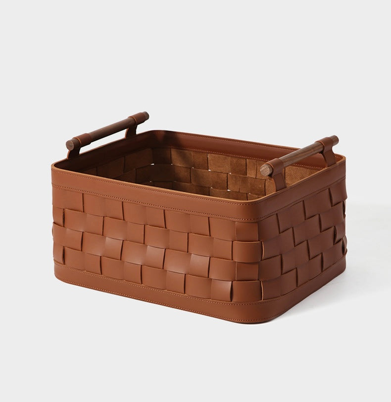 Handwoven Genuine Leather Storage Basket with Wooden Handles