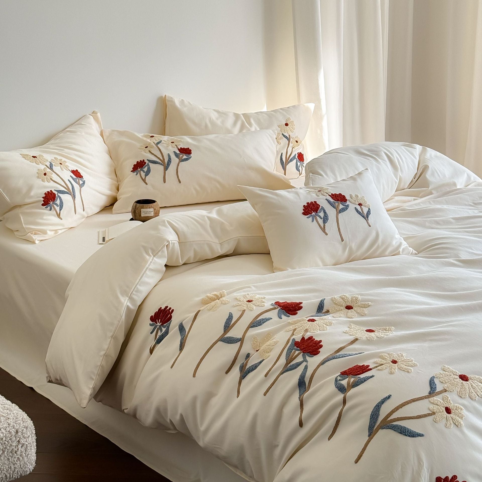 The Parchment Camellia | Hand-Embroidered 100s Brushed Bed Linen