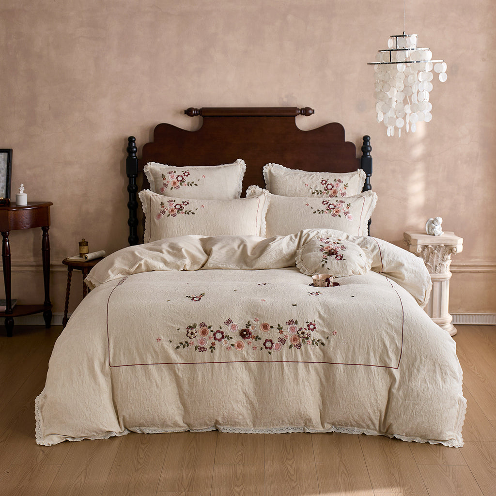Rosé Heritage Cotton & Linen Embroidered Bedding Set Berriscent