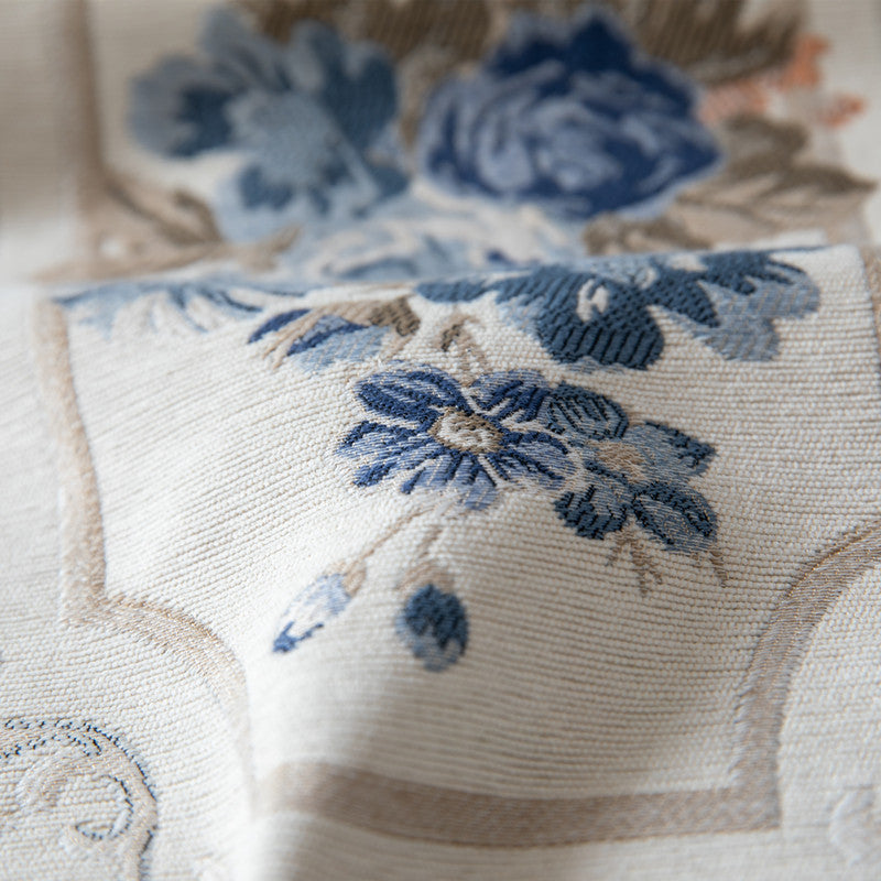 Ivory Blue Jacquard Floral Table Runner with Tassels Berriscent