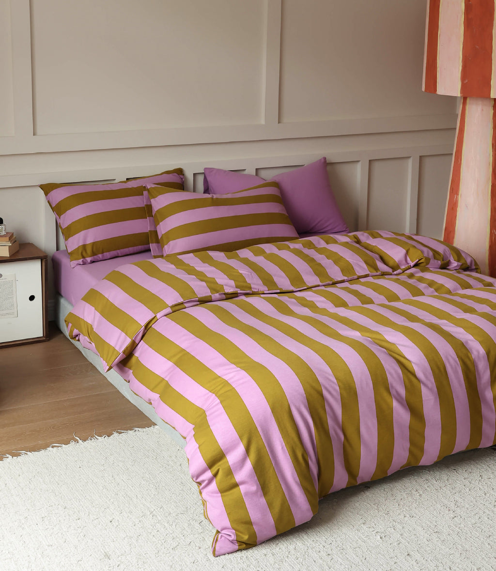 Soft Stripe Cotton Bedding Set — Lilac & Olive Berriscent