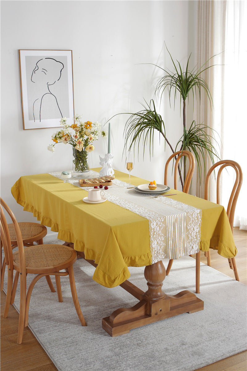 Golden Mustard Tablecloth and White Lace Runner Set Berriscent