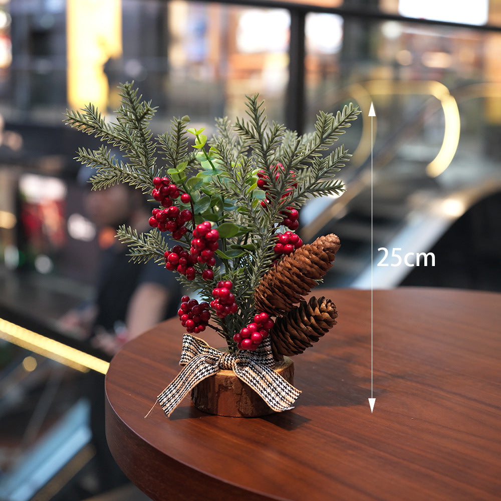 Christmas Table Decoration with Pine, Berries & Rustic Base – 25 cm