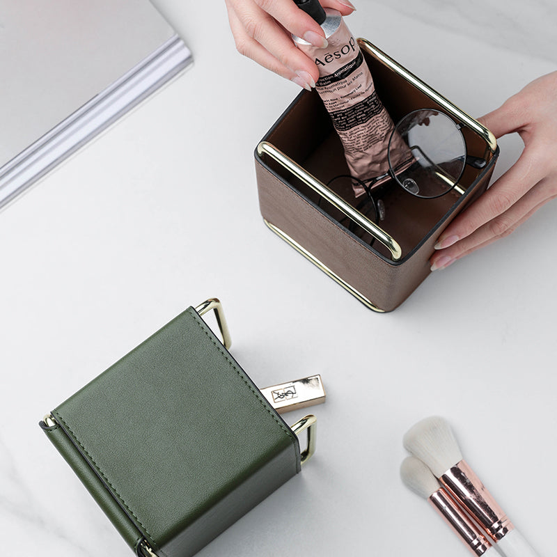 Luxury Leather Desk Organiser with Brass Frame | Modern Home Storage