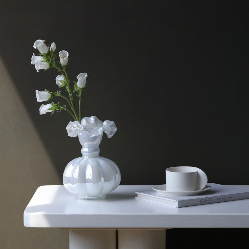 Iridescent White Glass Ruffle Vase Berriscent