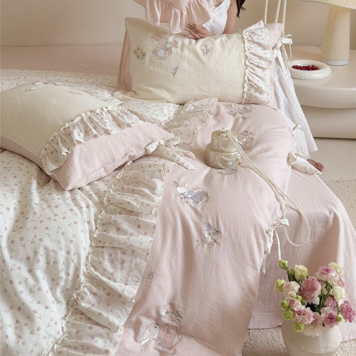 The Lapin Ribbon | Embroidered Bunny & Ruffle Bed Linen