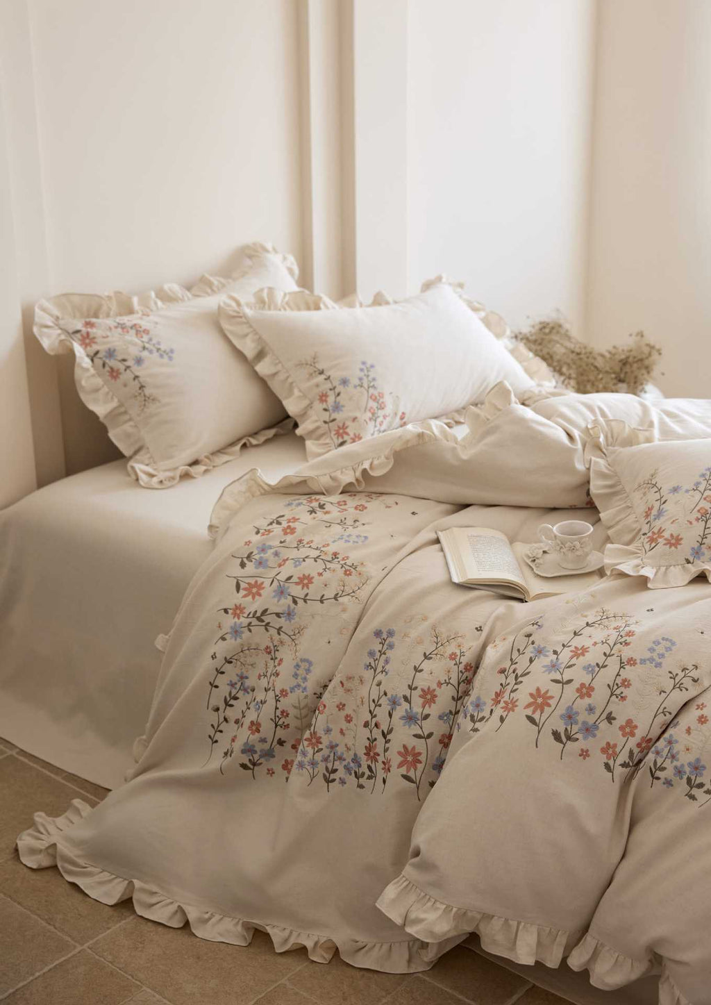 The Wildflower Heirloom | Ruffled & Embroidered Linen Cotton Bed Linen