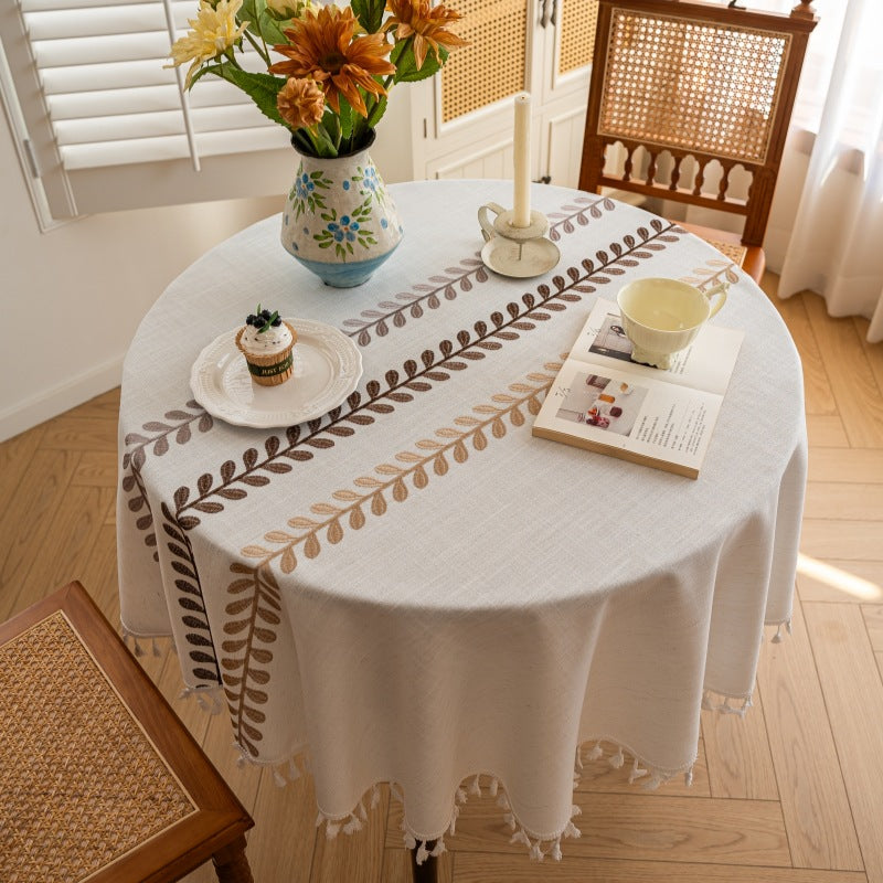 Nordic Leaf Embroidered Round Tablecloth Berriscent