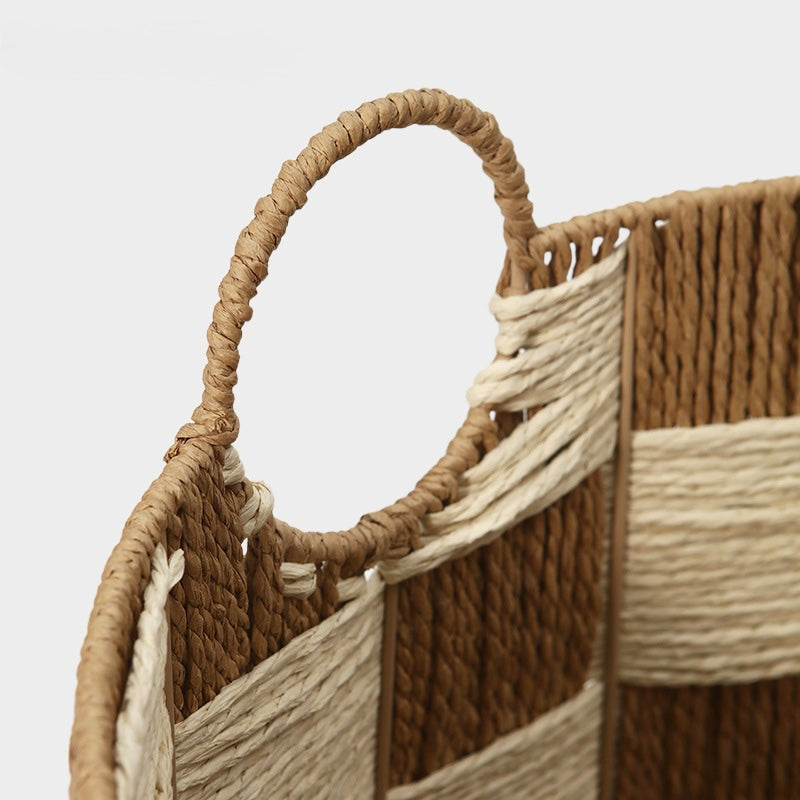 Handwoven Checkerboard Seagrass Storage Basket with Handles Berriscent
