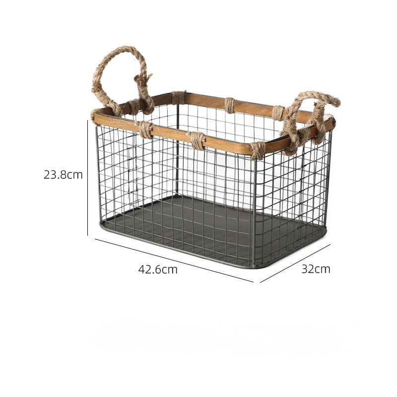 Industrial Wire Storage Basket with Wooden Frame Berriscent