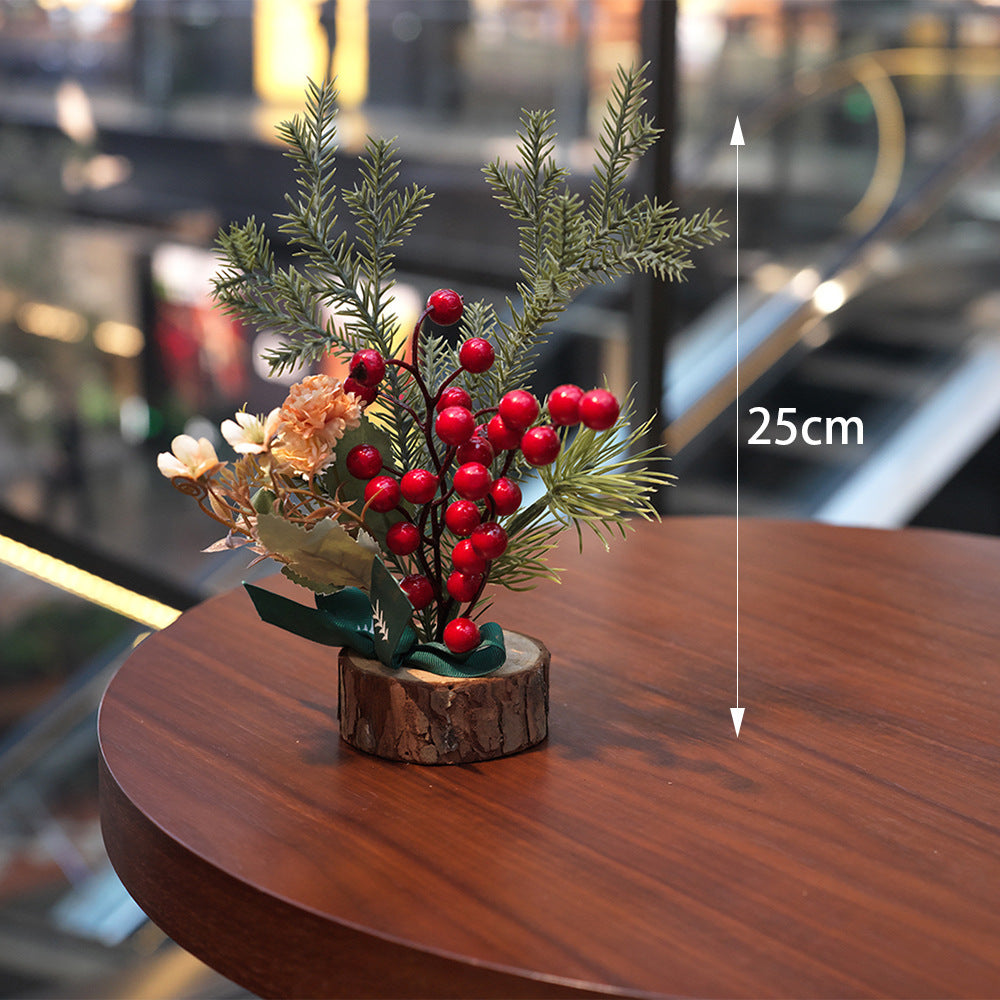 Christmas Table Decoration with Pine, Berries & Rustic Base – 25 cm