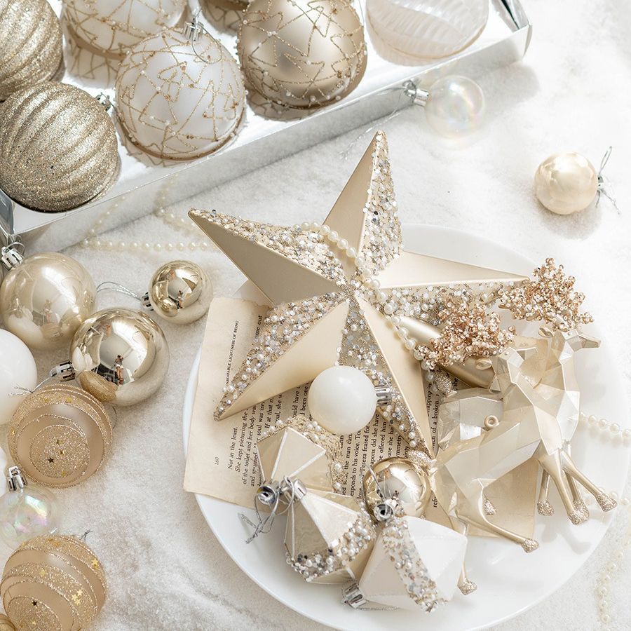 Luxury Gold & White Christmas Ornaments Collection – Elegant Baubles, Reindeer & Star Decorations