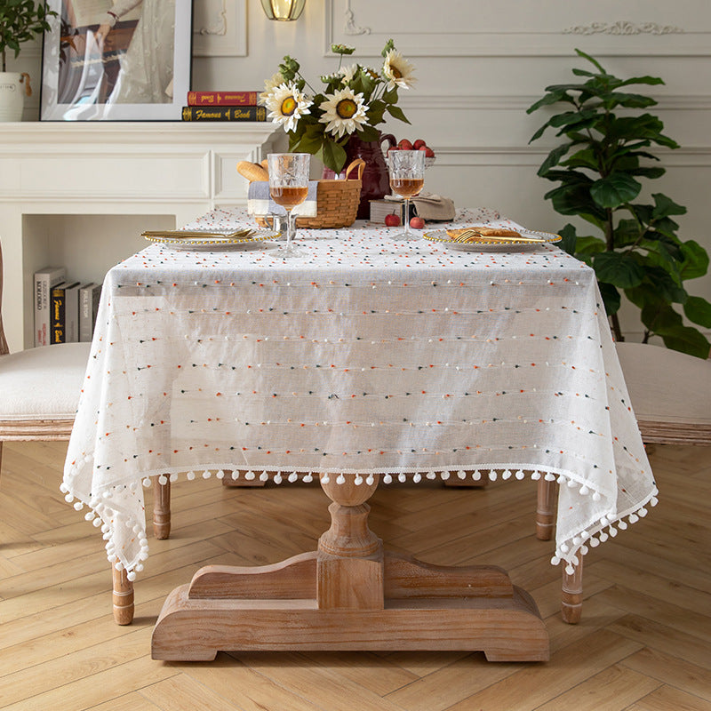 French Romantic Pom Pom Embroidered Tablecloth Berriscent