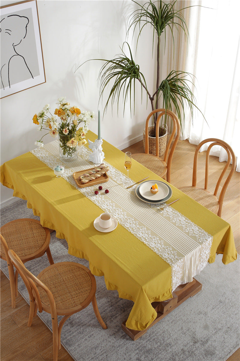 Golden Mustard Tablecloth and White Lace Runner Set Berriscent