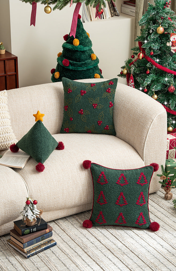 Christmas Green Textured Pillow Collection – Embroidered Covers & Tree Cushion Berriscent