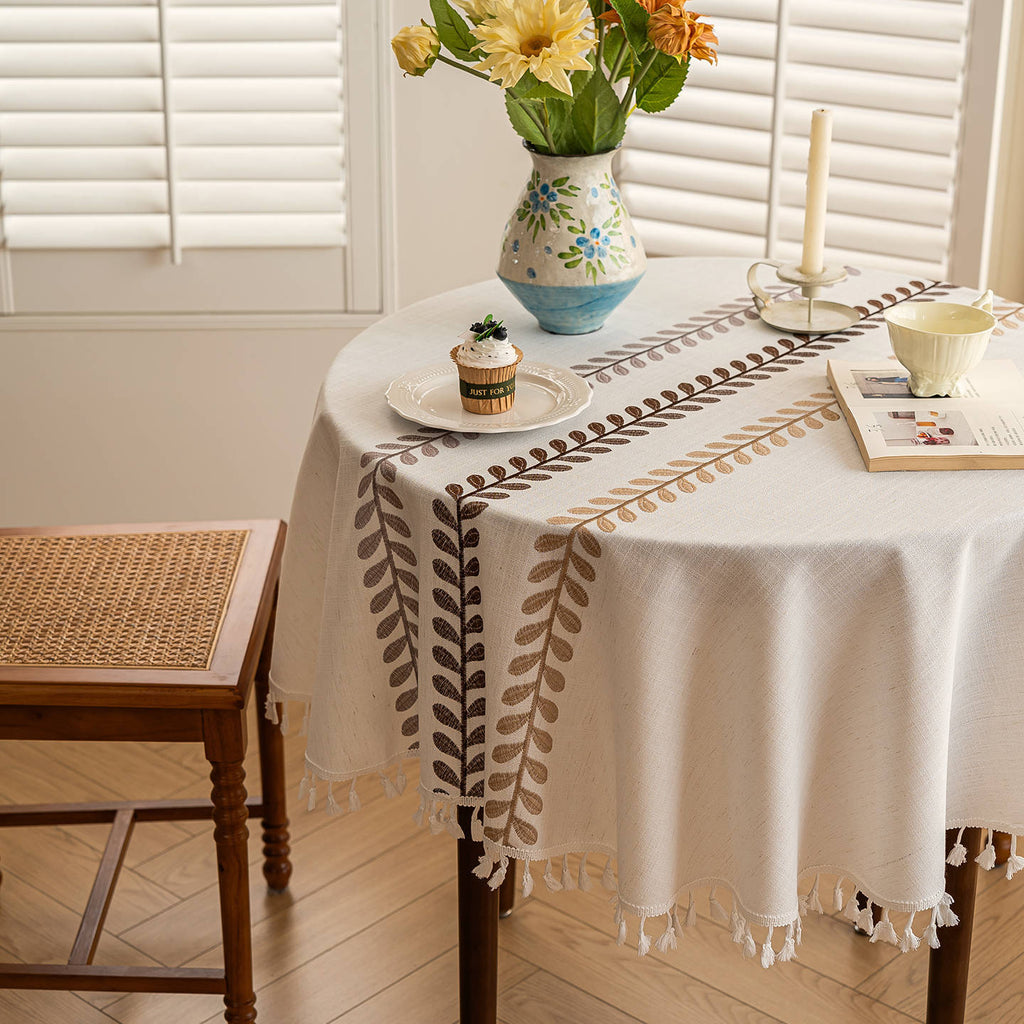 Nordic Leaf Embroidered Round Tablecloth Berriscent