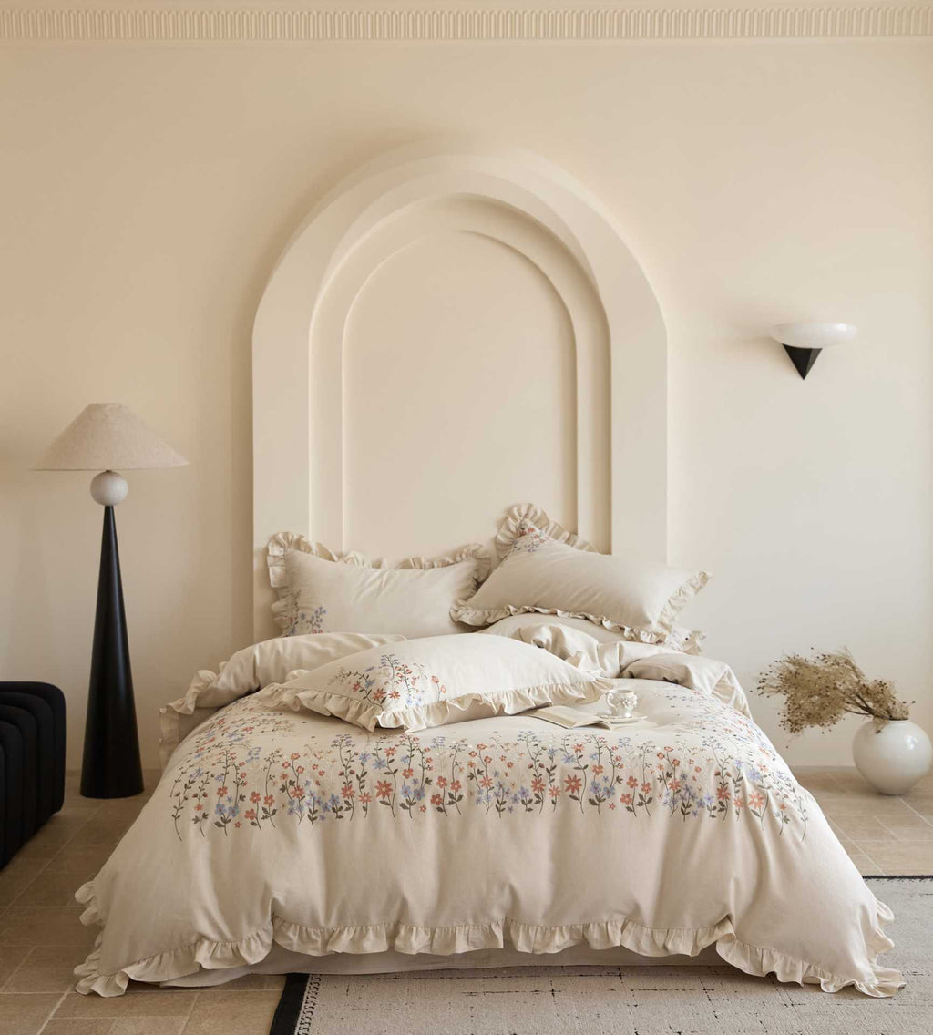 The Wildflower Heirloom | Ruffled & Embroidered Linen Cotton Bed Linen