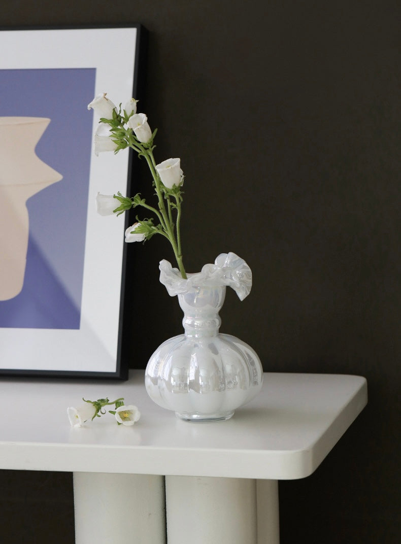 Iridescent White Glass Ruffle Vase Berriscent