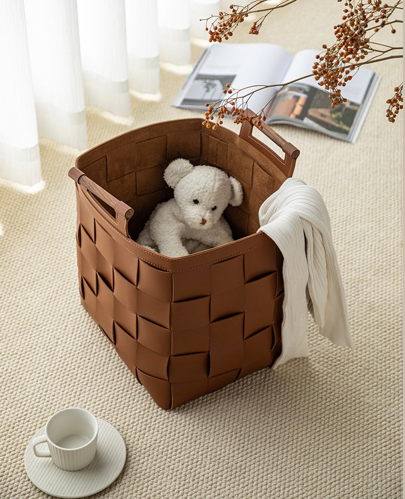 Woven Leather Storage Basket Berriscent