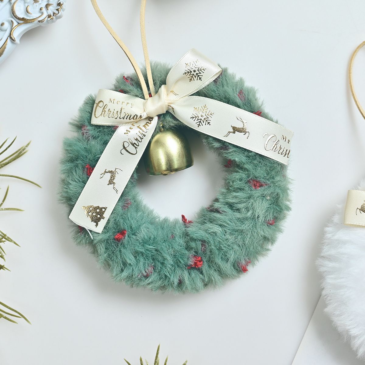 Festive Furry Mini Christmas Wreath with Bell – 13 cm