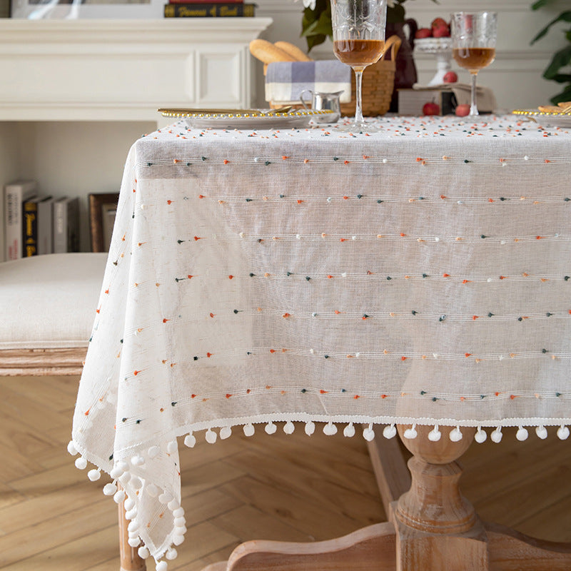 French Romantic Pom Pom Embroidered Tablecloth Berriscent