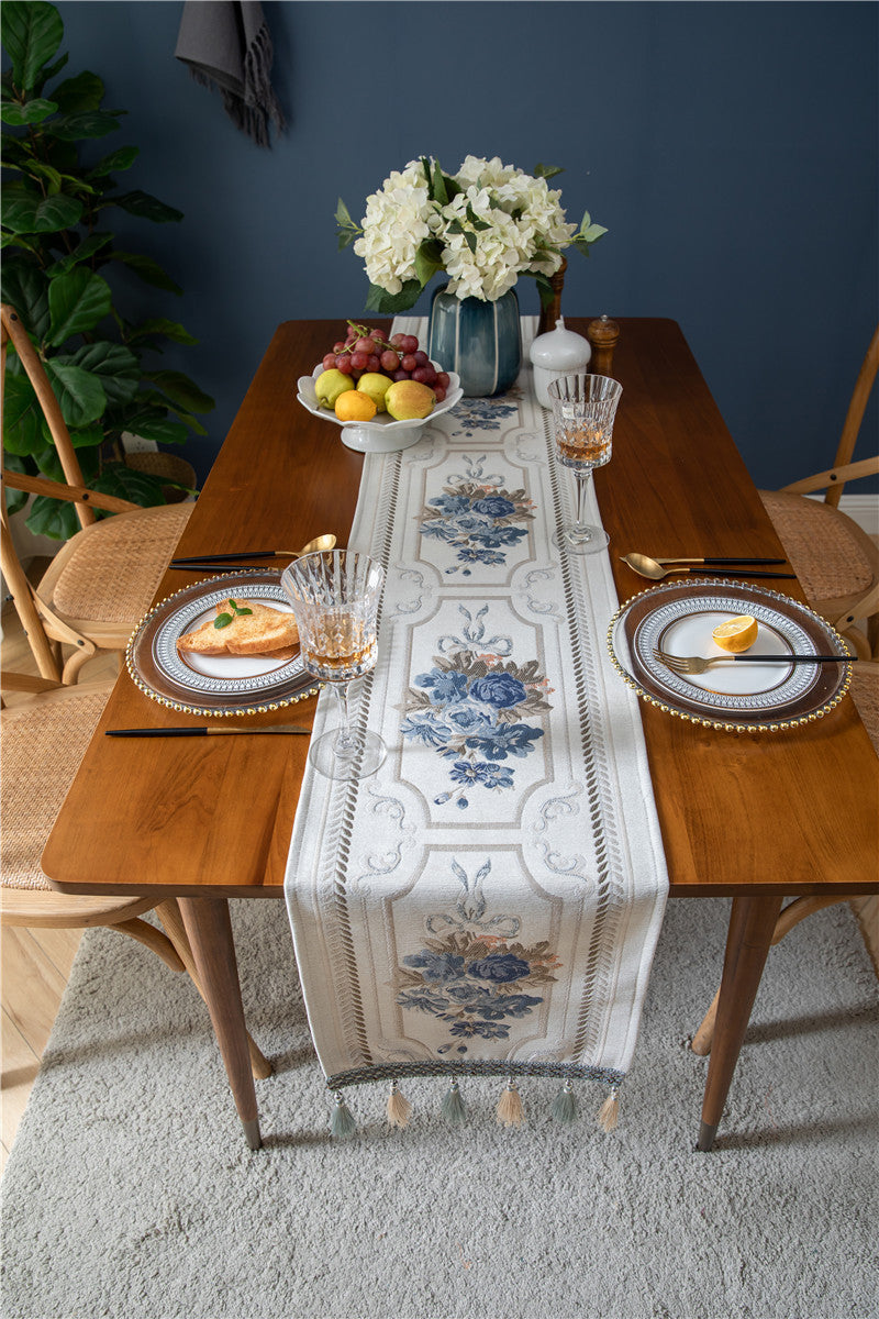 Ivory Blue Jacquard Floral Table Runner with Tassels Berriscent
