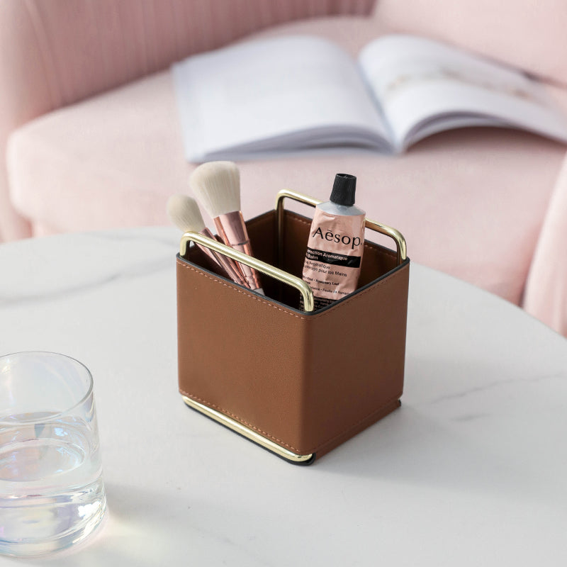 Luxury Leather Desk Organiser with Brass Frame | Modern Home Storage