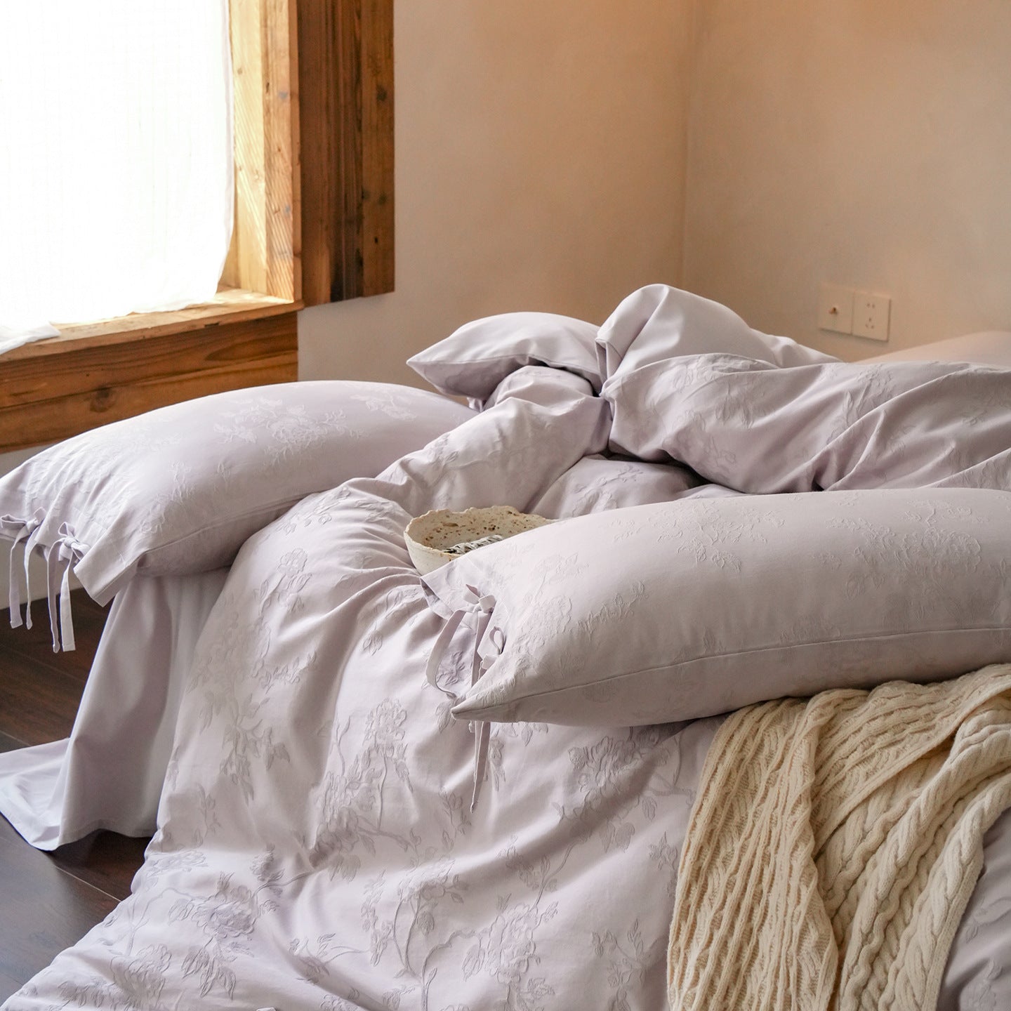 Blush Fleur Jacquard Cotton Bedding Set – Lavender Mist Berriscent