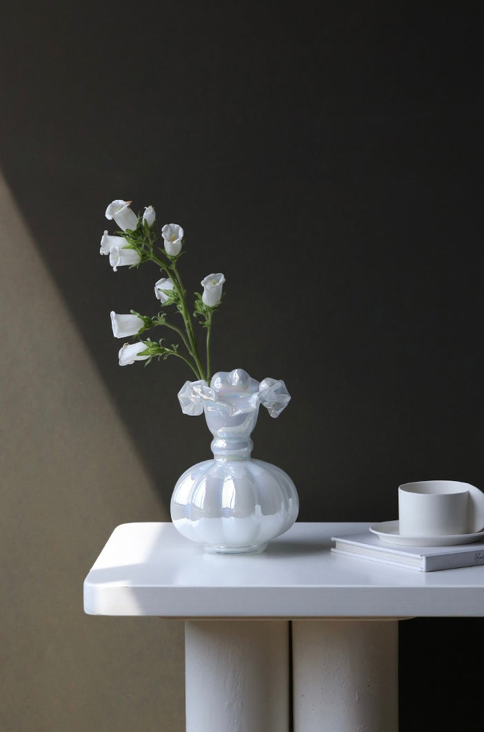Iridescent White Glass Ruffle Vase Berriscent