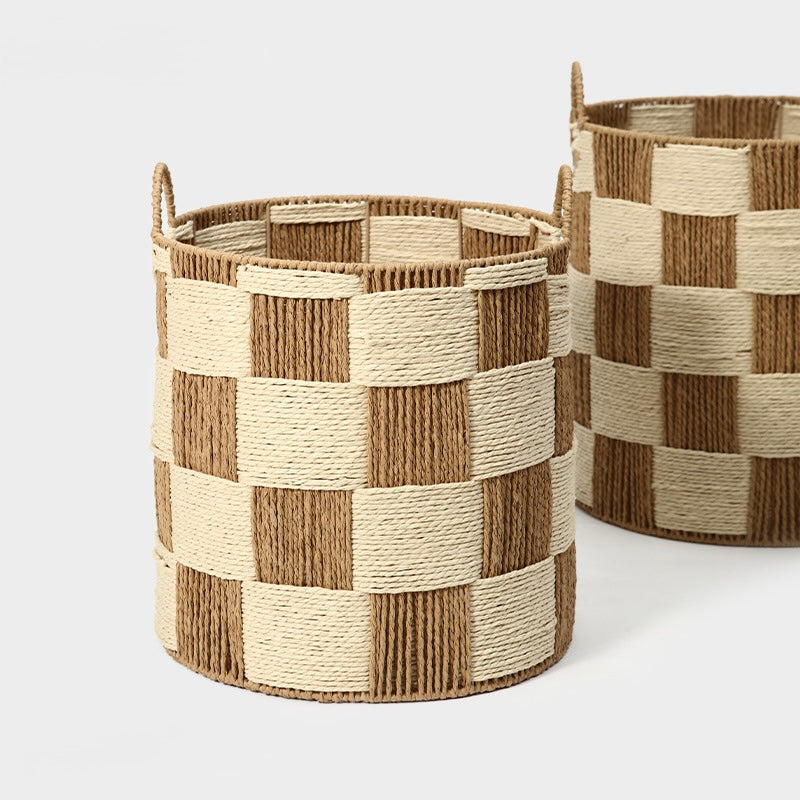 Handwoven Checkerboard Seagrass Storage Basket with Handles Berriscent