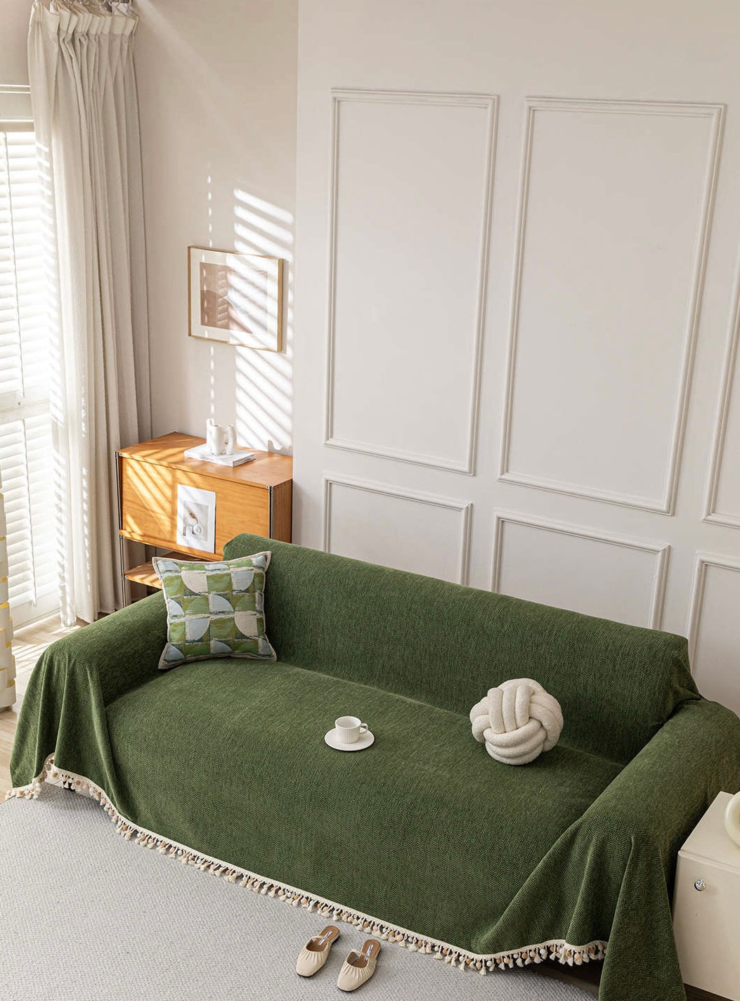 Pom-Tassel Chenille Sofa Cover Berriscent