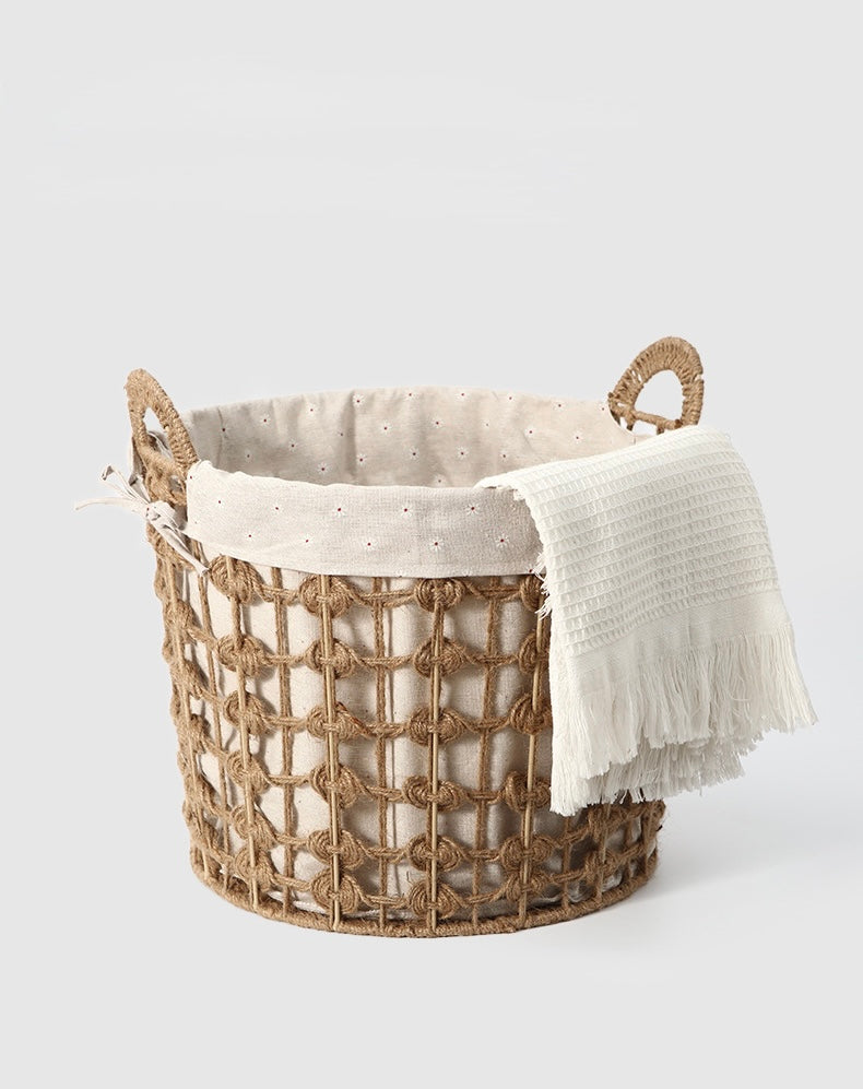 Round Handwoven Rope Storage Basket with Linen Lining Berriscent