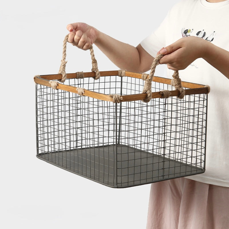Industrial Wire Storage Basket with Wooden Frame Berriscent